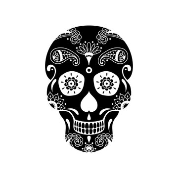 Vector black sugar skull with doodle floral pattern on white background. Illustration for Day of the Dead