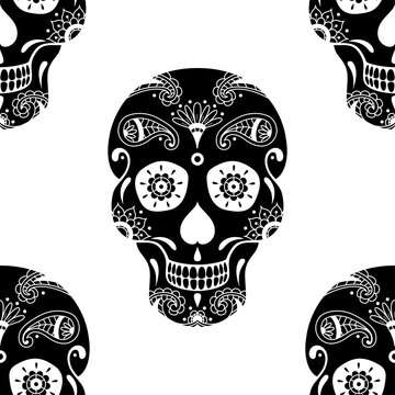 Vector seamless pattern of black sugar skull with floral pattern on white background. Illustration for Mexican Day of the Dead