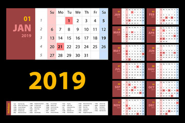 vector Calendar 2019. red set. Week starts on Sunday. Basic grid