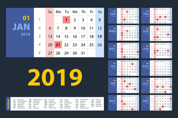 vector Calendar 2019. blue set. Week starts on Sunday. Basic grid