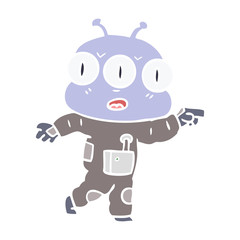 Obraz premium flat color style cartoon three eyed alien pointing