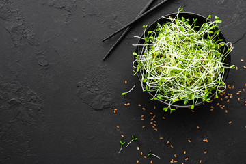 Healthy vegetarian bowl dish with fresh flaxseed sprouts. Plate with raw linseed sprouts salad....