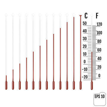 Set of capillary tube with fluid, bulb and overload chamber. Parts of liquid thermometers. Scale of measuring temperature in Celsius and Fahrenheit. Vector