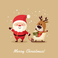 Santa Claus with deer and gifts in sleigh