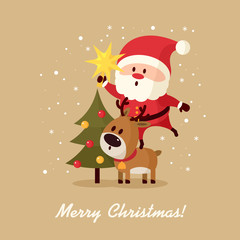 Santa Claus on deer hanging star on Christmas tree