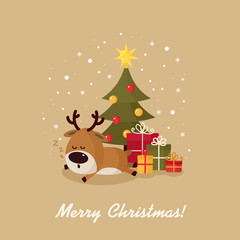 Naklejka premium Santa deer sleeps under Christmas tree with gifts