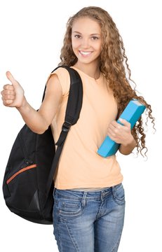Girl with Rucksack and Thumb Up Standing and Holding Book -