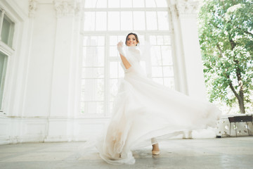 Beautiful bride in wedding dress with long full skirt, white background, dance and smile