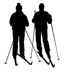 Vector silhouettes of lovers of a healthy lifestyle. Contours of women on cross-country skiing with ski sticks on a white background.  Ski track