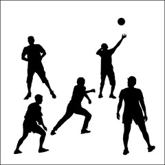 Vector black silhouettes pose athletes lovers playing in group sports games, volleyball, basketball for a healthy lifestyle.
