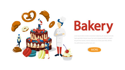 Bakery banner. People standing around baked food