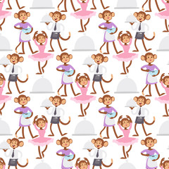 Monkeys rare animal vector cartoon macaque like people nature primate character wild zoo ape chimpanzee seamless pattern bakground illustration.