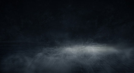 Obraz na płótnie Canvas Background of an empty dark room. Empty walls, lights, smoke, glow, rays