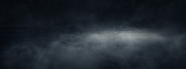 Background of an empty dark room. Empty walls, lights, smoke, glow, rays