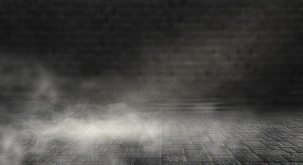 Background of an empty dark street, wet asphalt.