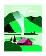 Log cabin by lake in mountains