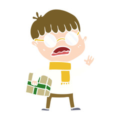 flat color style cartoon boy holding gift and wearing spectacles