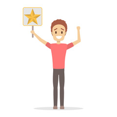 Man holding a huge golden star and smiling