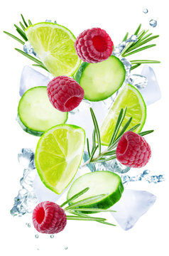 Lime, Cucumber, Rosemary And Raspberry Flying With Ices And Water Splash Isolated