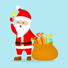 Happy funny Santa Claus holding bag with gifts