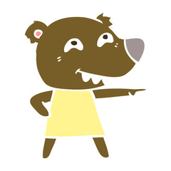flat color style cartoon pointing bear girl showing teeth