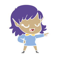happy flat color style cartoon elf girl pointing