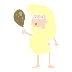flat color illustration of a cartoon cavewoman with meat