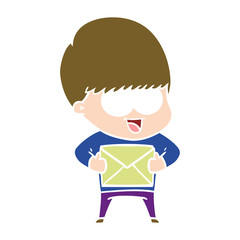 happy flat color style cartoon boy with present