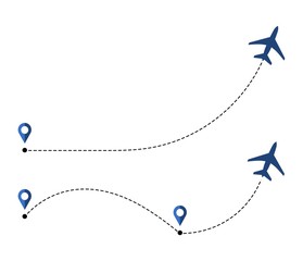 Airplane travel concept with map pins, GPS points. Line path icon. Flight start point icon