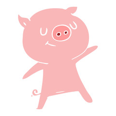 happy flat color style cartoon pig waving