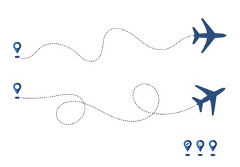 Plane and its way, track or route isolated on white background. Aircrafts and map pins symbols. Transportation concept