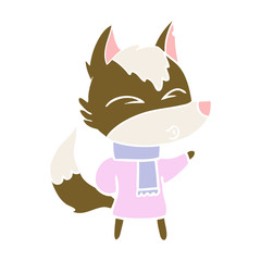 flat color style cartoon wolf in winter clothes