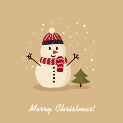 Fototapeta na wymiar Snowman in hat and scarf with Christmas tree