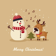 Snowman with deer singing song near Christmas tree