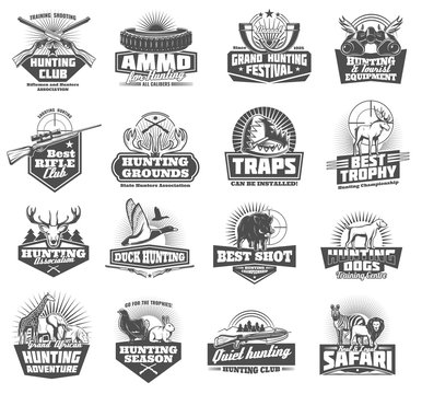 Hunting club icons. Vector animals and ammunition