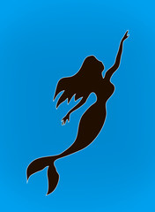 Girl mermaid silhouette with a tail in sea isolated on blue background. vector mermaid illustration. 