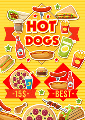 Fast food hot dogs, pizza and burgers menu