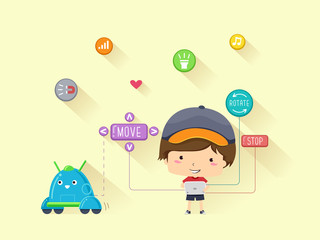 Kid Boy Tablet Coding Robot Illustration