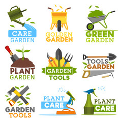 Farm gardening and planting tools, vector icons - obrazy, fototapety, plakaty