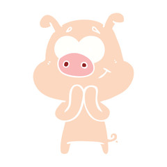 happy flat color style cartoon pig