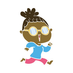 flat color style cartoon running woman wearing spectacles