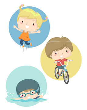 Kids Lesson Ability Jump Bike Swim Illustration
