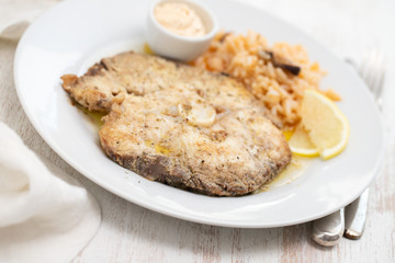fried blue shark with rice on white plate