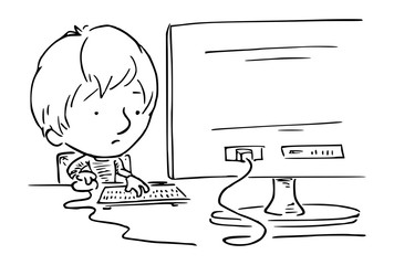 Illustratie met zwarte lijnen van een jongen achter de computer