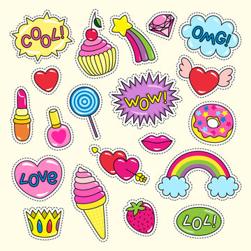 Bright Girlish Stickers in Pink and Red Colors Set
