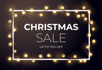 Dark Christmas sale design with glowing golden stars and light bulb garlands. Vector illustration.