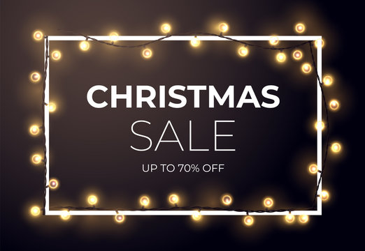 Dark Christmas sale design with glowing golden stars and light bulb garlands. Vector illustration.
