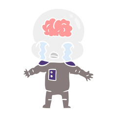 flat color style cartoon big brain alien crying