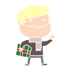 flat color style cartoon man carrying christmas present waving