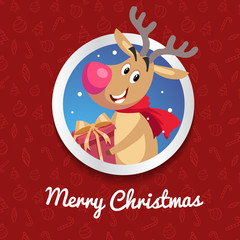 Happy Reindeer with big red nose and cute scarf smiling and taking gift box. Christmas poster or banner. Cartoon style. Red  pattern with icons background. Vector illustration.